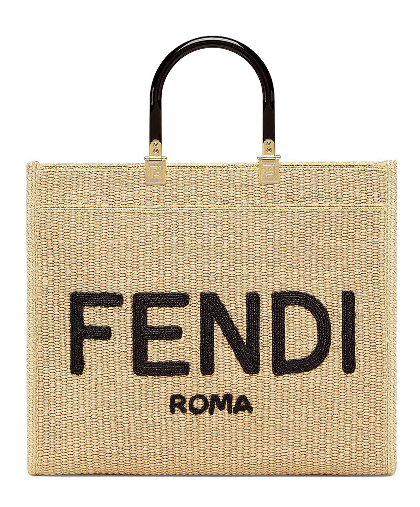 Fendi Medium Embroidered Straw Tote Bag Apricot